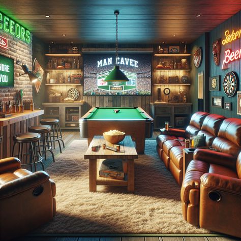 Step into the ultimate man cave, complete with comfy leather recliners, a big screen TV, a fully-stocked bar, and sports memorabilia. Challenge your friends to a game on the green-felt pool table, aim for a bulls-eye on the dart board, and snack on fresh popcorn. #ManCave #SportsBar #GameRoom #HomeBar #EntertainmentRoom #SportsMemorabilia Sports Basement Ideas, Garage Bars, Country Man Cave, Fresh Popcorn, Barn Plan, Barn Loft, Ultimate Man Cave, Man Cave Room, Hunting Room