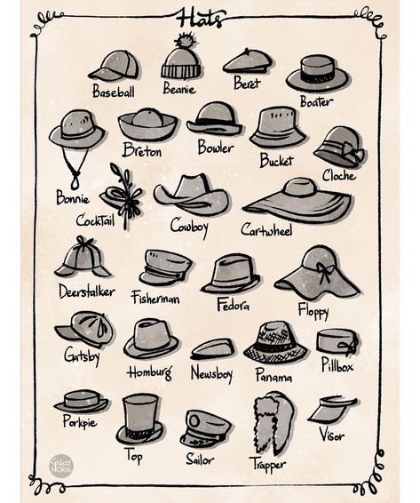 Griz and Norm Lemay on Instagram: “Any day is a good day for a hat day! In animation, hats is a great accessories to add for crowd variation. We usually pick a few shape then…” Hat Reference, Fashion Drawing Sketches, Hat Day, Types Of Hats, Fashion Vocabulary, Hur Man Målar, Hat Ideas, Fashion Design Drawings, Fashion Design Sketches