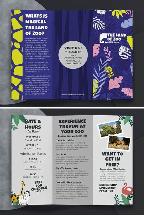 The Land of Zoo Tri Fold Brochure Template InDesign Zoo Flyer Design, Zoo Brochure Design, Zoo Flyer, Brochure Design Creative Graphics, Pamphlet Layout, Animal Brochure, Zoo Brochure, Beauty Brochures, Tri Fold Brochure Template