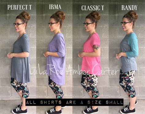 LuLaRoe sizes vary between the styles. Here's a photo showing how a Small fits in the different styles! LuLaRoe Shirt styles comparison Perfect T Irma Classic T Randy How to wear #lularoe #Irma #perfect #ClassicT #Randy #comparison #leggings #comfortable #fashion