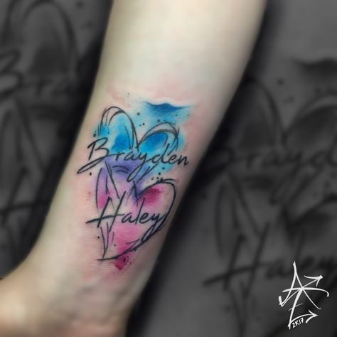 Tattoos For Childrens Names, Grandchildren Tattoos, Watercolor Heart Tattoos, Alex Tattoo, Heart Tattoos With Names, Name Tattoos For Moms, Kid Name Tattoo, Hearts Tattoo, Tattoos Infinity