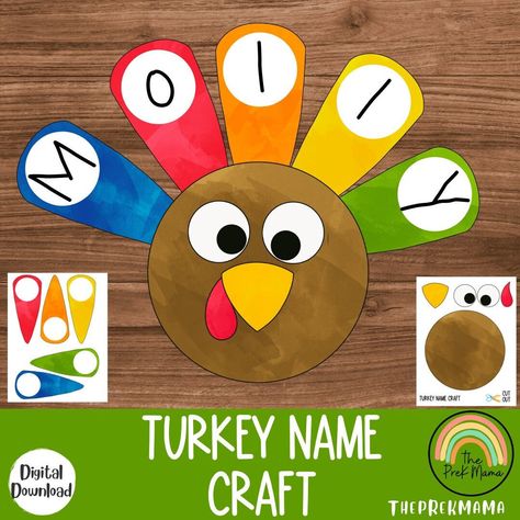 Turkey Name Craft, Fall Activity for Kids, Toddler Activity, Homeschool Resource, Montessori Materials, Sensory Table Printable, Preschool This cute Thanksgiving craft comes with pieces to make your turkey as well as a variety of colored feathers for writing your name. Simply cut out, glue together, and add your name.  CHECK OUT THESE OTHER RESOURCES: OTHER FALL RESOURCES--> https://www.etsy.com/shop/theprekmama?section_id=35361117 🟣 This is a digital download. Great for at home or at school. ? Toddler Placemat Craft, Turkeys Preschool Crafts, Thanksgiving Themed Activities Preschool, Name Turkey Craft, Thanksgiving Kids Centerpieces, Brown Preschool Activities, Thanksgiving Pre K Worksheets, Thanksgiving Writing Activities Preschool, Table Centers For Preschool