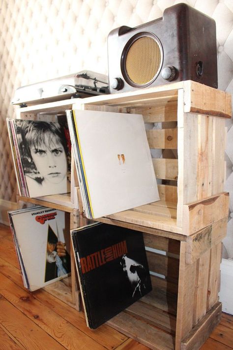 Vinyl Record Storage Diy, Vinyl Record Furniture, Diy Record, Ladder Shelf Diy, Record Storage Box, Vinyl Record Stand, Record Crate, Record Box, Pallet Tv Stands