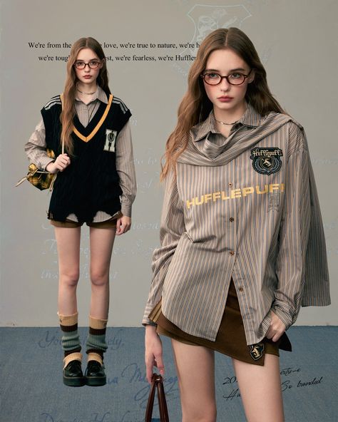 Hogwarts Autumn: Quidditch Season! 🍂🏆 Hufflepuff House Outfits ~~ Now on Hot Sale! Search "Hufflepuff" on devilinspired.com to shop! 🦡✨ #Hufflepuff #quidditchfashion #HarryPotter Hogwarts Uniform Hufflepuff, Hogwarts Autumn, Gp Outfit, Quidditch Uniform, Hufflepuff Outfit, Hogwarts Uniform, Hp Oc, Hufflepuff Aesthetic, Hufflepuff House