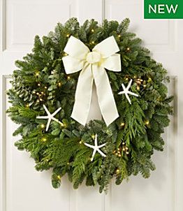 Fresh Wreaths and Greenery | Home Goods at L.L.Bean Coastal Christmas Wreath, Blue Christmas Tree Decorations, Evergreen Christmas, Christmas Wreaths With Lights, Coastal Christmas Decor, Holiday Mantel, Evergreen Wreath, Blue Christmas Tree, Christmas Front Doors