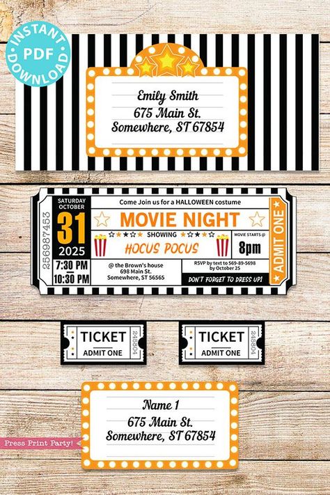 movie-night-halloween-2. #HalloweenDecor #SpookyFonts #FrighteningType #CreepyCalligraphy #GhoulishGraphics Halloween Movie Night Party, Movie Ticket Template, Movie Ticket Stubs, Black Ticket, Admit Ticket, Party Movie Night, Movie Ticket Invitations, Movie Night Invitations, Money Print