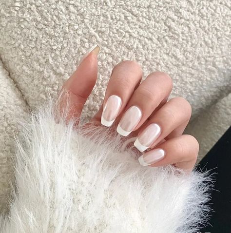 Chrome Effect Milky White and White French Medium Length - Etsy Canada White Chrome French Tip Nails Coffin, Milky White Chrome Nails Square, Ballerina Nails Medium Length, Milky White French Nails, Milky White Chrome Nails, White Almond Nails, White Chrome Nails, White French Nails, Classy Acrylic