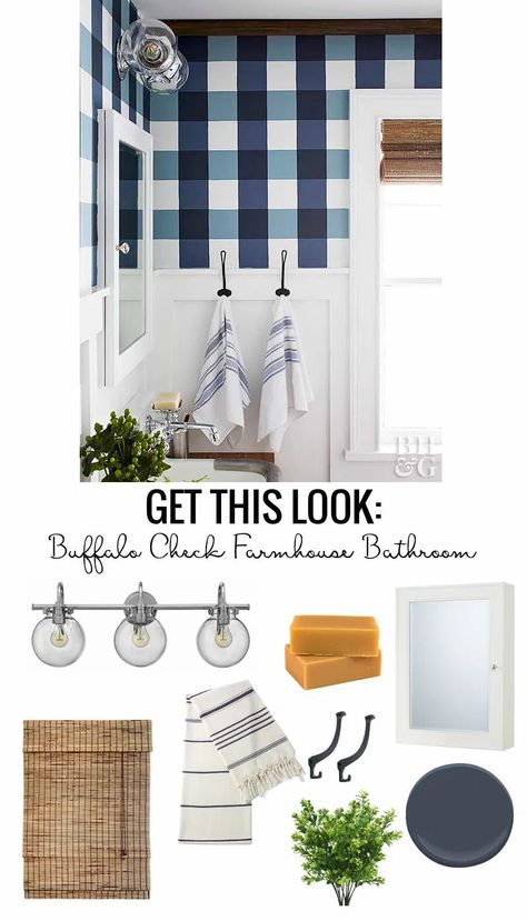 Buffalo Check Farmhouse Bathroom. Love the blue and white gingham walls, modern light fixture, striped towels, black iron hooks, medicine cabinet and wall-mount faucet. Modern Living Room Blue, Gingham Wall, Bathroom Wallpaper Modern, Modern Farmhouse Living Room, Trendy Bathroom, Striped Towels, Blue Living Room, Blue Bathroom, Modern Light