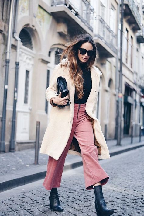 Velvet Pants Outfit Winter, Pink Corduroy Pants, Celine Coat, Coral Outfit, Man Sweater, Snake Print Pants, Winter Pants Outfit, Pink Corduroy, Instagram C