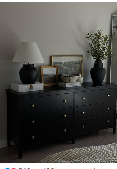 Black Dresser Decor Bedroom, Dresser Decor Bedroom Ideas, Black Dresser Decor, Dresser Decor Bedroom, Beige Bedroom Decor, Bedroom Ideas For Small Rooms Cozy, Black Dresser, Dresser Design, Gold Knobs