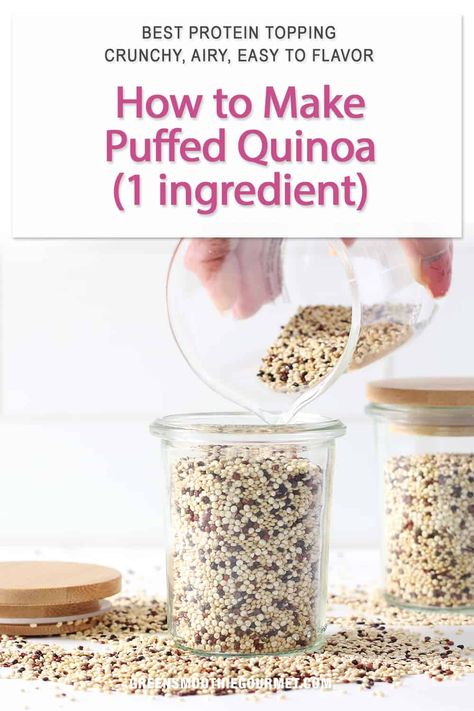 Puffed quinoa is popped in minutes in a hot pan, and is a high-protein alternative to puffed rice. Crunchy puffed quinoa, also called popped quinoa, can be added to salads, no bake snacks, yogurt, ice cream and granola. Puffed Quinoa Crispy Treats, Things To Make With Quinoa, Puffed Quinoa Granola, Diy Puffed Quinoa, Puffed Quinoa Treats, How To Make Puffed Quinoa, How To Make Puffed Rice, Puffed Quinoa How To Make, How To Puff Quinoa