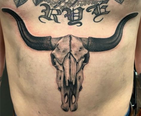 Long Horn Back Tattoo, Western Stomach Tattoos, Texas Long Horn Tattoo, Longhorn Tattoos, Long Horn Tattoo For Women, Horn Tattoo, Longhorn Tattoo, Traditional Chest Tattoo, Cow Skull Tattoos