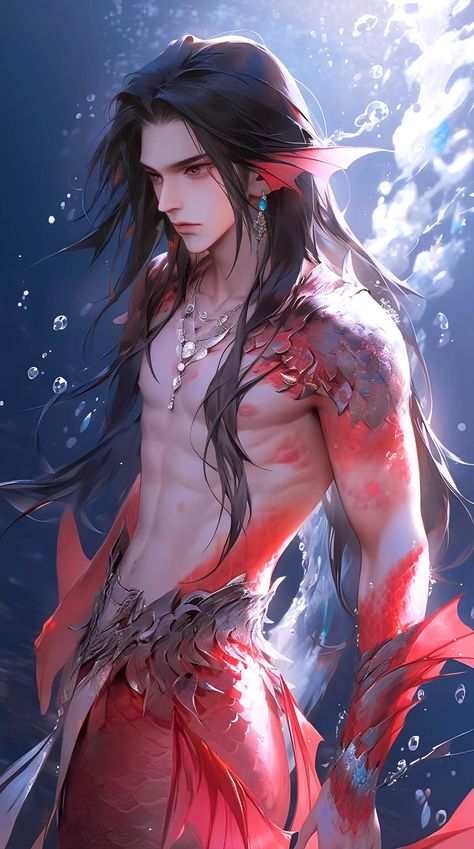 Anime Merman, Mermaid Boy, Male Mermaid, Mermaid Man, Mermaid Artwork, Fantasy Mermaids, Mermaids And Mermen, Fantasy Male, Mermaid Art