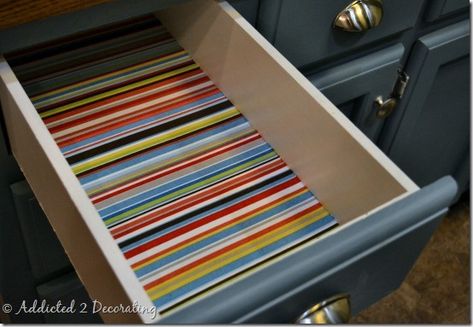 How To Line Drawers With Fabric - Addicted 2 Decorating® Girls Dressers, Kitchen Drawers Diy, Organizing Drawers, Lining Drawers, Fabric Shelf, Fabric Tutorial, Fabric Starch, Dresser Diy, Rough Hewn Wood