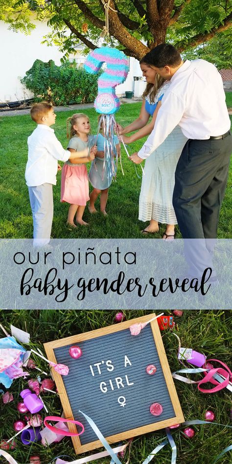 Pinata gender reveal. Fun gender reveal idea for kids. #genderreveal #babyannouncement Pinata Gender Reveal Ideas, Sibling Gender Reveal, Gender Reveal Pinata, Creative Gender Reveals, Gender Reveal Unique, Gender Reveal Party Games, Pregnancy Gender Reveal, Gender Reveal Games, Gender Reveal Party Theme