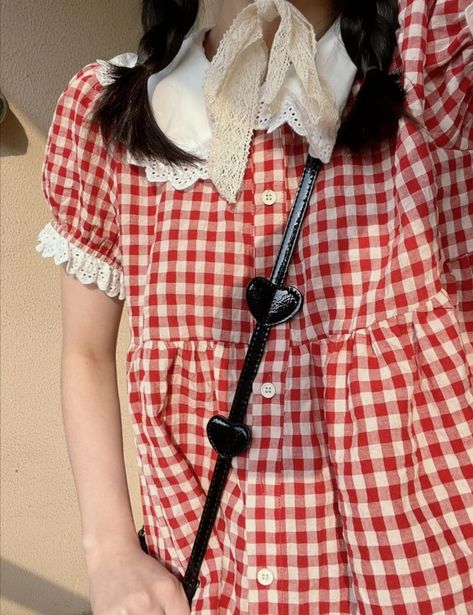 Frilly Shirt Aesthetic, Red Gingham Dress Aesthetic, Shirt Under Dress, Harajuku Doll Collar Summer Dress, Spring Harajuku Mini Dress, Harajuku Red Ruffled Dress, Downtown Outfits, Everyday Fashion Outfits, Dress Aesthetic