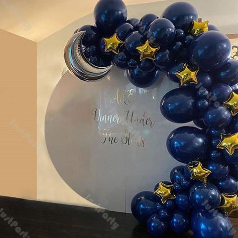 90pcs(9Ft) Balloon Combination packing list:Matte Navy Blue(5inch*20pcs,10inch*40pcs,12inch*15pcs,18inch*4pcs)Five-Pointed Star Aluminum Foil Balloon 10inch*10pcsMoon Foil Balloon18inch*1pcFree to you:Roll Glue*1(100pcs)Balloon Chain*1(5m)  ,Hook*3High-quality balloons: The balloons are made of high-quality latex, non-toxic. All balloons are very full in color and not easy to explode. The balloon can be filled with air, helium, and water to meet your different uses.Wide range of uses:Baby shower Navy Blue Balloon Garland, Starry Night Prom, Blue Balloon Garland, Balloons Blue, Moon Balloon, Star Balloons, Moon Baby Shower, Balloon Chain, Prom Theme