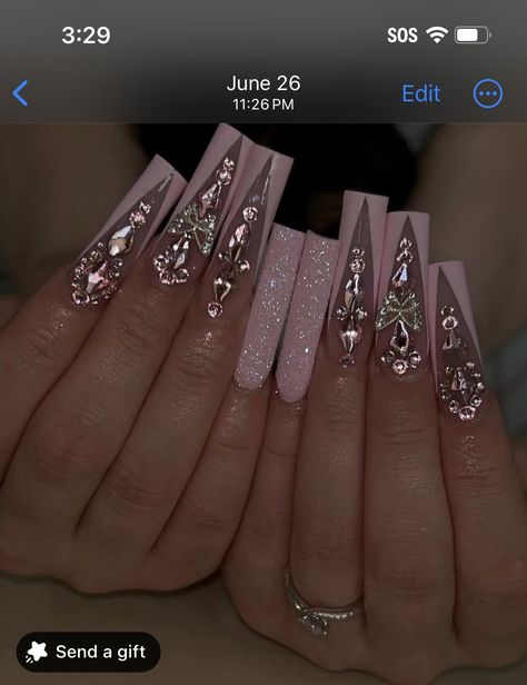 Hot Pink Bling Nails, Pink Gem Nails, Pink Bling Nails, Bedazzled Nails, Gem Nail Designs, Mexican Nails, Nail Designs Bling, Future Nails, Bad Nails