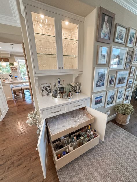 Upper Cabinets In Dining Room, Liquor Cabinet Storage, Glass Front Bar Cabinets, Bar In Entryway, Built In With Cabinets And Shelves, Glass Cabinet Built In, Built In Buffet Cabinet With Wine Fridge, Built In Wine Glass Cabinet, Small Built In Wine Bar