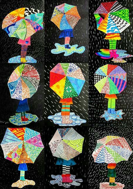 Bunte Regenbilder auf schwarzem Tonkarton gestalten - Regenschirm mit gemalten Mustern und Pfütze, so schön kann Regenwetter sein! 4th Grade Spring Art Projects, Line Art Lessons Elementary, Back To School Art Projects Elementary, Pattern Art Projects, Art Projects For Elementary Students, Art 2nd Grade, Kindergarden Art, Classe D'art, Spring Art Projects