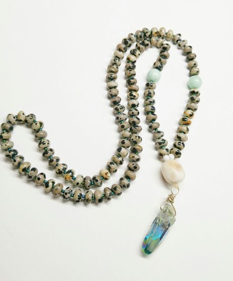 Beautiful dalmation jasper and blue luster stone point Mala Necklace.  www.dogvioletjewelry.etsy.com Dalmation Jasper Necklace, Dalmation Jasper, Jasper Necklace, Mala Necklace, Hippie Jewelry, Fine Silver, Boho Jewelry, Diy Jewelry, Beaded Necklace