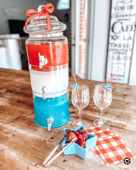 Two Blondes In The ‘Burbs on Instagram: “Red, white, & blue punch! I love this 3-tiered drink dispenser and use it often for parties, but it’s especially perfect for a holiday…” 4th Of July Drinks Alcoholic Pitcher, 4th Of July Drinks Nonalcoholic, Aesthetic Fourth Of July, 4th Of July Drinks, 4th Of July Aesthetic, Fourth Of July Drinks, Blue Punch, Two Blondes, Party Drinks Alcohol