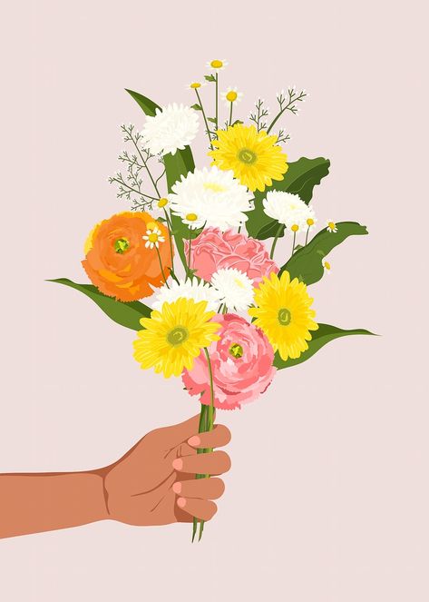 Flower bouquet background, realistic illustration vector | premium image by rawpixel.com / Nattha Aesthetic Sunflower Background, Flower Bouquet Background, Hand Holding Flower, Aesthetic Sunflower, Flower Carnation, Flower Bouquet Drawing, Flower Bouquet Painting, Sunflower Background, Hands Holding Flowers