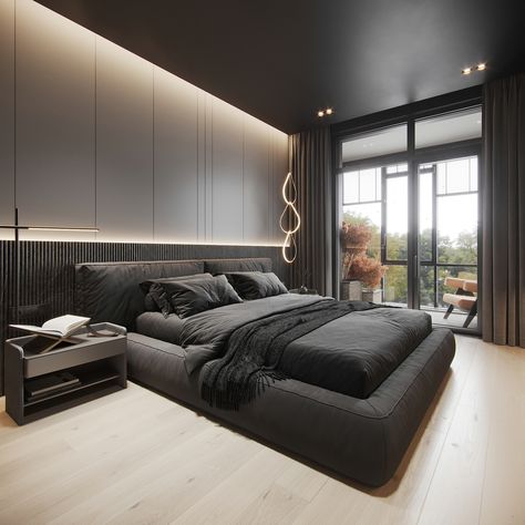 Guest Bedroom on Behance Luxury Black Bedroom, Simple Bed Designs, Black Bedroom Design, Wooden Bed Design, Modern Luxury Bedroom, Luxury Bedroom Design, Bed Design Modern, Black Bedroom, Bedroom Bed Design