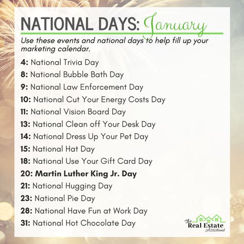 Fill up your Social Media Calendar with these January National Days. January National Days 2024, January Days To Celebrate, National Days In January 2024, January Holidays 2023, January Holidays 2024, National Days Calendar 2023, 2023 National Days, January National Days, National Days In January