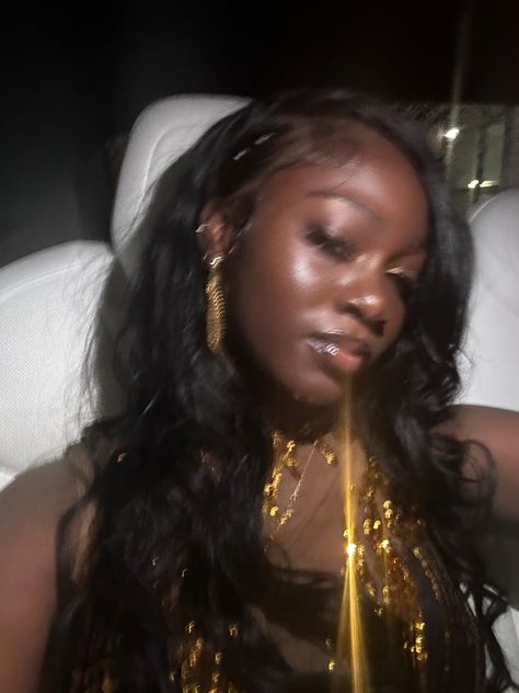 Gold Jewelry On Black Skin, Gold Prom Black Women, Gold Jewelry Dark Skin, Gold Aesthetic Black Woman, Gold On Black Women, Gold Jewelry On Black Women, Black Women In Gold, Gold Birthday Aesthetic, Gold Makeup Looks For Prom