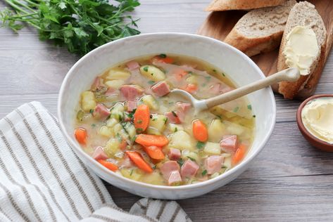 Ham, Potato and Leek soup – Leels Cooks Potato Leek Ham Soup Recipe, Bacon Hock Soup, Irish Soup, Potato And Leek Soup, Ham Soup Recipes, Ham And Potato Soup, Ham Potato, Dried Parsley, Ham Soup