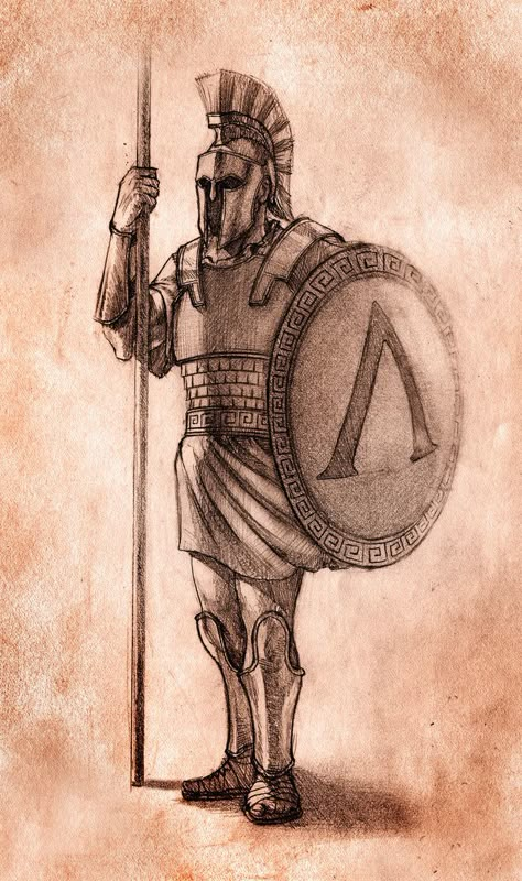 Hoplite by TamplierPainter Ancient Lion, Ancient Sparta, Greek God Tattoo, Soldier Drawing, Greek Soldier, Warrior Drawing, Lion Drawing, Greek Warrior, Warrior Tattoos