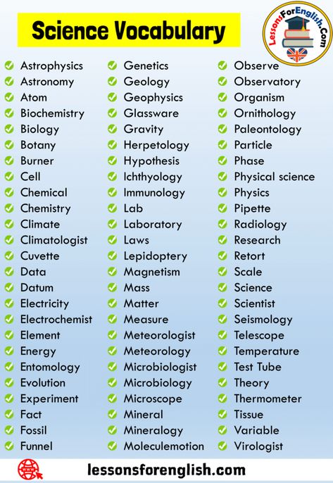 75 Science Vocabulary List in English Observe Observatory Organism Ornithology Paleontology Particle Phase Physical science Physics Pipette Radiology Research Retort Scale Science Scientist Seismology Telescope Temperature Test Tube Theory Thermometer Tissue Variable Virologist Genetics Geology Geophysics Glassware Gravity Herpetology Hypothesis Ichthyology Immunology Lab Laboratory Laws Lepidoptery Magnetism Mass Matter Measure Meteorologist Meteorology Microbiologist Microbiology Microscope Science Physics, Science Vocabulary, Science Words, English Grammar Worksheets, Vocabulary List, Interesting English Words, Good Vocabulary Words, Good Vocabulary, English Language Teaching