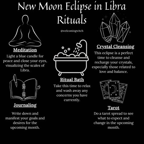 The New Moon Solar Eclipse in Libra on October 2nd, 2024, will bring intense energy for growth, particularly in relationships, communication, and resolving conflicts. As Libra rules partnerships, balance, and diplomacy, this eclipse is a powerful time to address any imbalances in your relationships and set intentions for harmony moving forward. . . . . . . . . . #witchlife #witchesofinstagram #moonmagick #witch #witchcraft #pagan #spiritual #Spirituality #witchytips #witchyaesthetic #babywitc... Libra Witch, October New Moon, New Moon Solar Eclipse, Resolving Conflict, Set Intentions, Witch Spirituality, Moon Eclipse, Ritual Bath, Cleansing Crystals