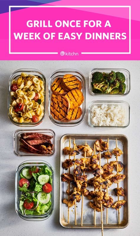 Meal Prep Plan: How To Grill Once For A Week of Dinners | Kitchn Grilled Cabbage Wedges, A Week Of Dinners, Week Of Dinners, Veggies Grilled, Brunch Egg Dishes, Meatball Skewers, Veggie Rice Bowl, Meal Prep Plan, Grilled Steak Salad