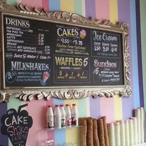 Ice Cream Boutique, Ice Cream Pop Up Shop, Ice Cream Parlor Decorations, Ice Cream Shop Counter Design, 50s Ice Cream Shop, Ice Cream Bar Design, Bakery And Ice Cream Shop, Bakery Dining Area, Whimsical Bakery Interior