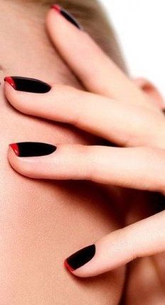 Black Nails Red Tips French Manicures, Black Nail With Red Tip, Black And Red Gel Nails Short, Black Nails Red Tips, Red Nails Black Tips, Red Nails With Black Tips, Black Nails With Red Tips, Black And Red French Tip Nails, Red French Manicure