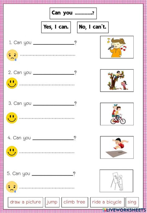 Can you swim? Yes I Can No I Cant Worksheet, English Primary School, Shape Worksheets For Preschool, Preschool Number Worksheets, Teach English To Kids, 2nd Grade Activities, English Grammar For Kids, Cvc Words Kindergarten, English Ideas