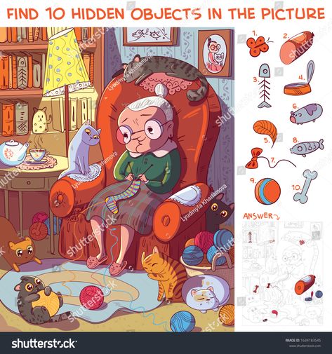 Find 10 hidden objects in the picture. Grandmother sitting on the armchair and knits socks surrounded by her cats. Puz #Ad , #AFFILIATE, #sitting#Grandmother#knits#armchair Hidden Picture Games, Hidden Object Puzzles, Find The Hidden Objects, Hidden Picture Puzzles, Hidden Object Games, Funny Cartoon Characters, Hidden Pictures, Hidden Objects, Picture Puzzles