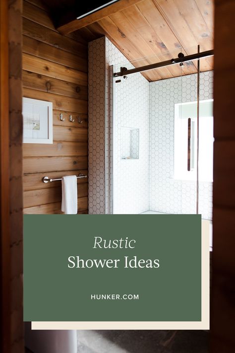 Rustic Showers Bathroom, Log Cabin Bathroom Ideas Rustic, Woodsy Bathroom Ideas, Wood Ceiling Bathroom Ideas, Rustic Walk In Showers, Cabin Bathroom Tile, Vintage Cabin Bathroom, Modern Cabin Shower Ideas, Wood Cabin Bathroom