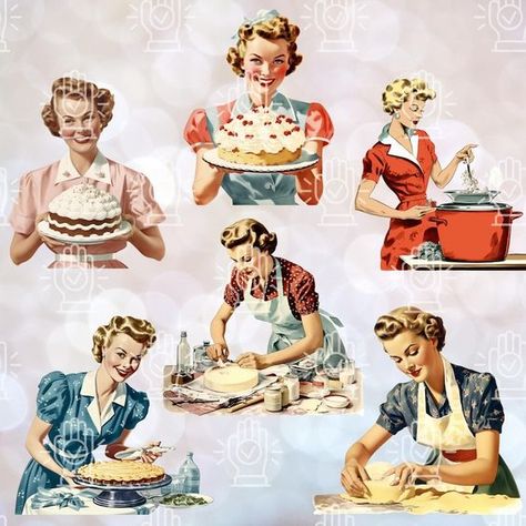 Retro Housewife Aesthetic, 50s Aesthetic Art, 1950s Housewife Aesthetic, Housewife Aesthetic, Retro Drawings, Vintage Homemaker, 1940s Kitchen, 1950s Housewife, Kitchen Fashion