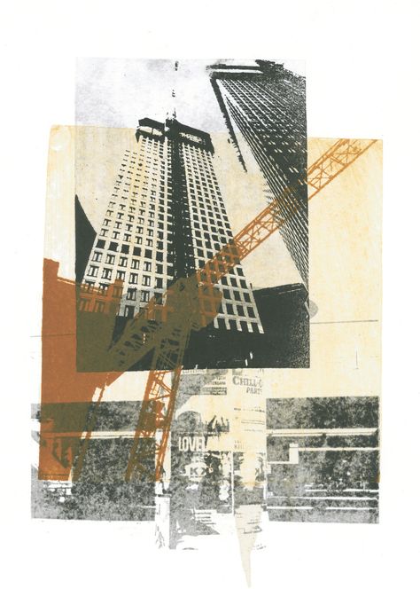 Building crane combined with modern high architecture, The Hague city nr 4. - collage art print - monotype technique by Hilly van Eerten, 2012 Kunst Collages, City Collage, Art Alevel, Architecture Collage, Architecture Graphics, Building Art, Foto Art, A Level Art, The Hague