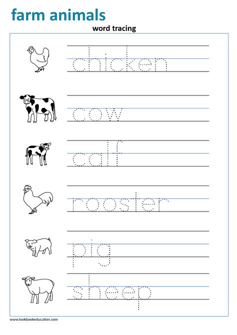 Worksheet Word Tracing Farm Animals - Lookbook Education Word Tracing Worksheets, Word Tracing, Farm Animals Preschool, Handwriting Worksheets For Kids, Farm Animals Activities, Homework Worksheets, Tracing Activities, Name Tracing Worksheets, Sight Words Printables