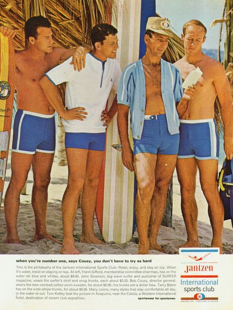 Jantzen 1965 1960 Mens Fashion, 70s Swimwear, Vintage Beach Party, 70s Fashion Men, Beach Outfit Men, Swimming Outfits, 70s Men, 1950s Mens, Pool Boy