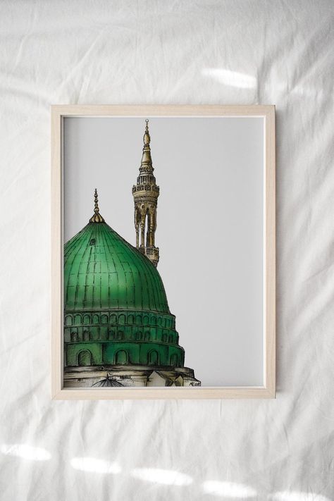 Sketch of Masjid Nabawi Al-Masjid an-Nabawi The | Etsy Flower Background Landscape, Flower Background Drawing, Mosque Printable, Mosque Drawing, Painting Islamic, Masjid Nabawi, Background Landscape, Green Dome, Flower Background Design