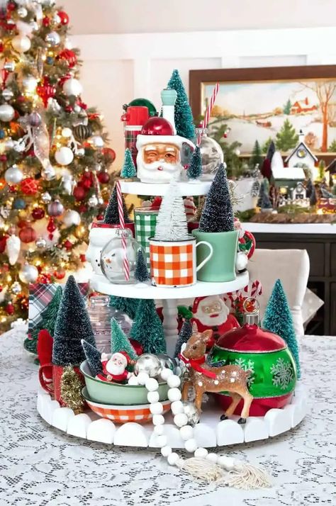 Christmas tiered tray with fun vintage decorations |Colorful Christmas Decorations by popular Canada Interior Design blog, Fynes Designs: image of a tiered tray filled with vintage Christmas decor. Christmas Tiered Tray Ideas, Mint Green Christmas, Tiered Tray Ideas, Green Christmas Decorations, Christmas Tiered Tray, Vintage Decorations, Handmade Holiday Gifts, Handmade Christmas Crafts, Tray Ideas