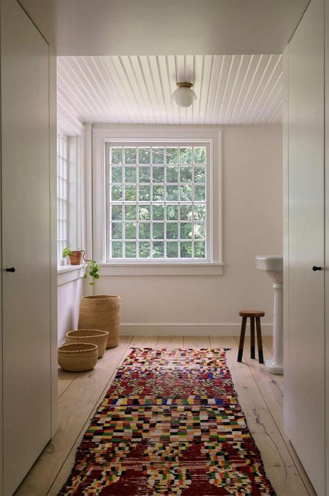 Cozy Window Nook, Benjamin Moore Cloud White, One Room Cabin, Elizabeth Roberts, Sleeping Porch, Brooklyn Brownstone, Shingle Style Homes, Pedestal Sinks, Floor Plan Layout