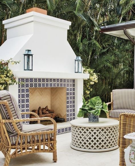 Tiled Outdoor Fireplace, Outdoor Spanish Fireplace, Rooftop Fireplace, Mediterranean Fireplace, Phoenix Backyard, Outdoor Improvements, Outside Fireplace, Outdoor Fire Pit Designs, Outdoor Fireplace Patio