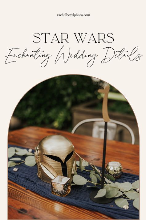 Star Wars Wedding Decorations | Star Wars Wedding Theme. Hi! I'm Rachel! I am a Wedding and Elopement photographer based out of Atlanta, GA that is ready to travel anywhere to capture life's sweetest moments. Calling all lovers that are Star Wars fans! Save for inspo! Find star wars wedding theme centerpieces, star wars wedding reception, and star wars table decorations for your enchanting outdoor wedding. Visit rachelboydphoto.com to inquire for your atlanta georgia wedding. Star Wars Wedding Centerpiece, Mandalorian Wedding Theme, Star Wars Engagement Party, Star Wars Wedding Ideas Classy, Star Wars Table Decor, Starwars Wedding Theme, Diy Star Wars Wedding Decorations, Star Wars Wedding Decor, Star Wars Wedding Reception