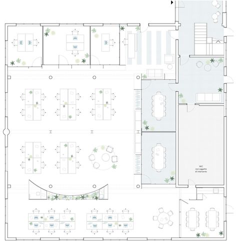 Corporate domesticity in a startup office in Verona Startup Office Design, Office Layout Plan, Architecture Site Plan, Startup Office, Design Studio Workspace, Office Floor Plan, Feature Wall Design, Workshop Plans, Architectural Materials